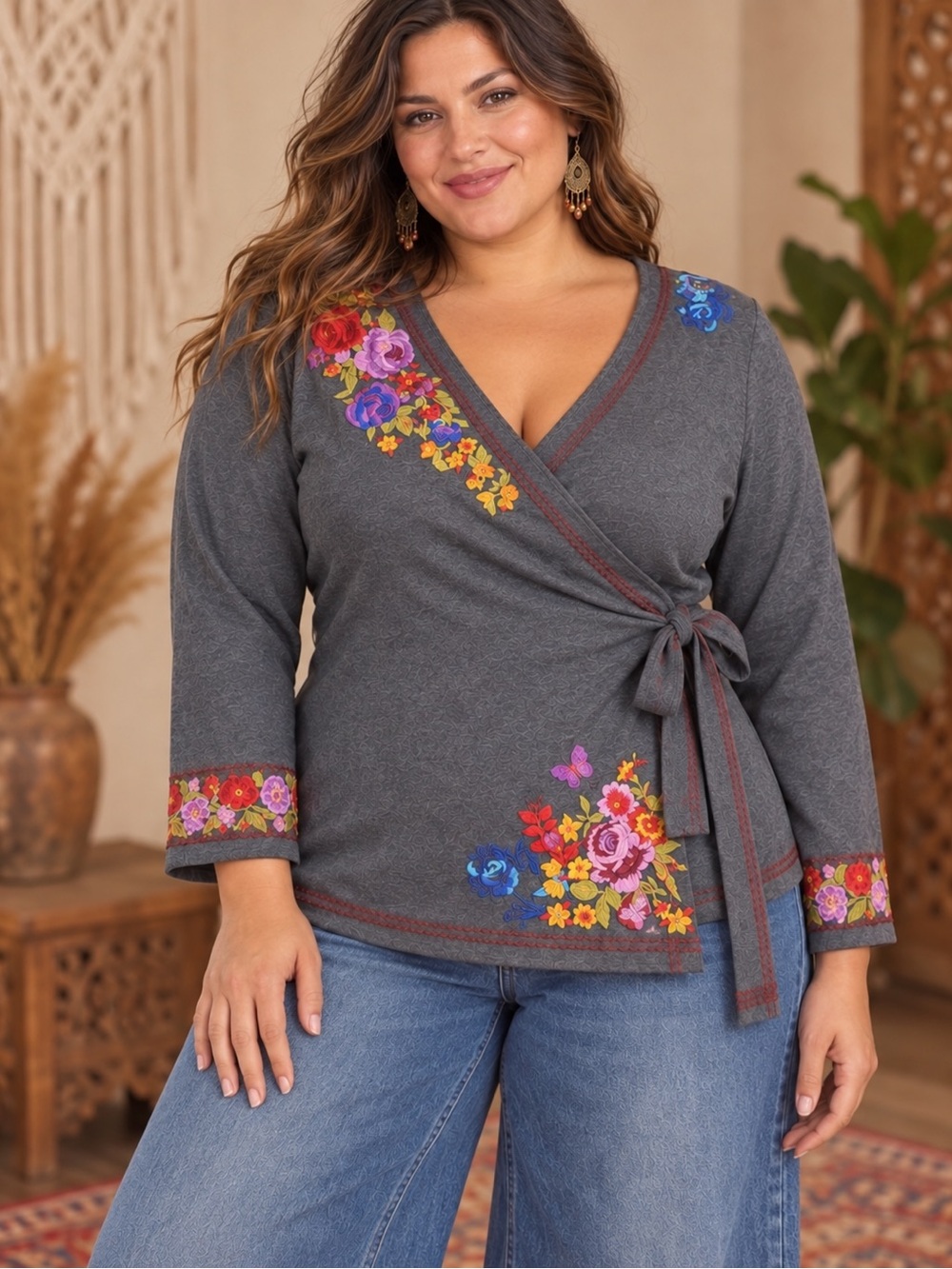 Johnny Was 2X Charcoal Floral Embroidered Wrap Top (232344) 🌼 🦋